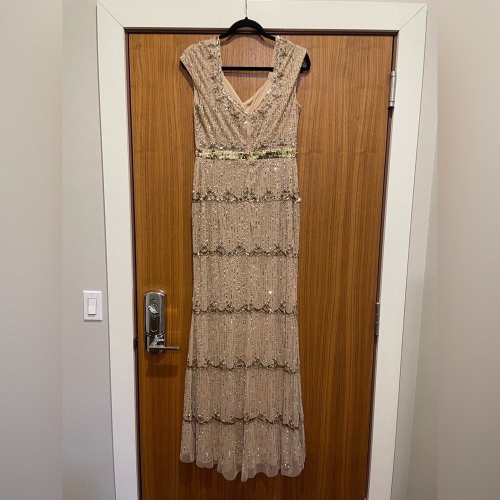 new Mac Duggal CAP SLEEVE EMBELLISHED COLUMN GOWN in nude - Picture 6 of 8